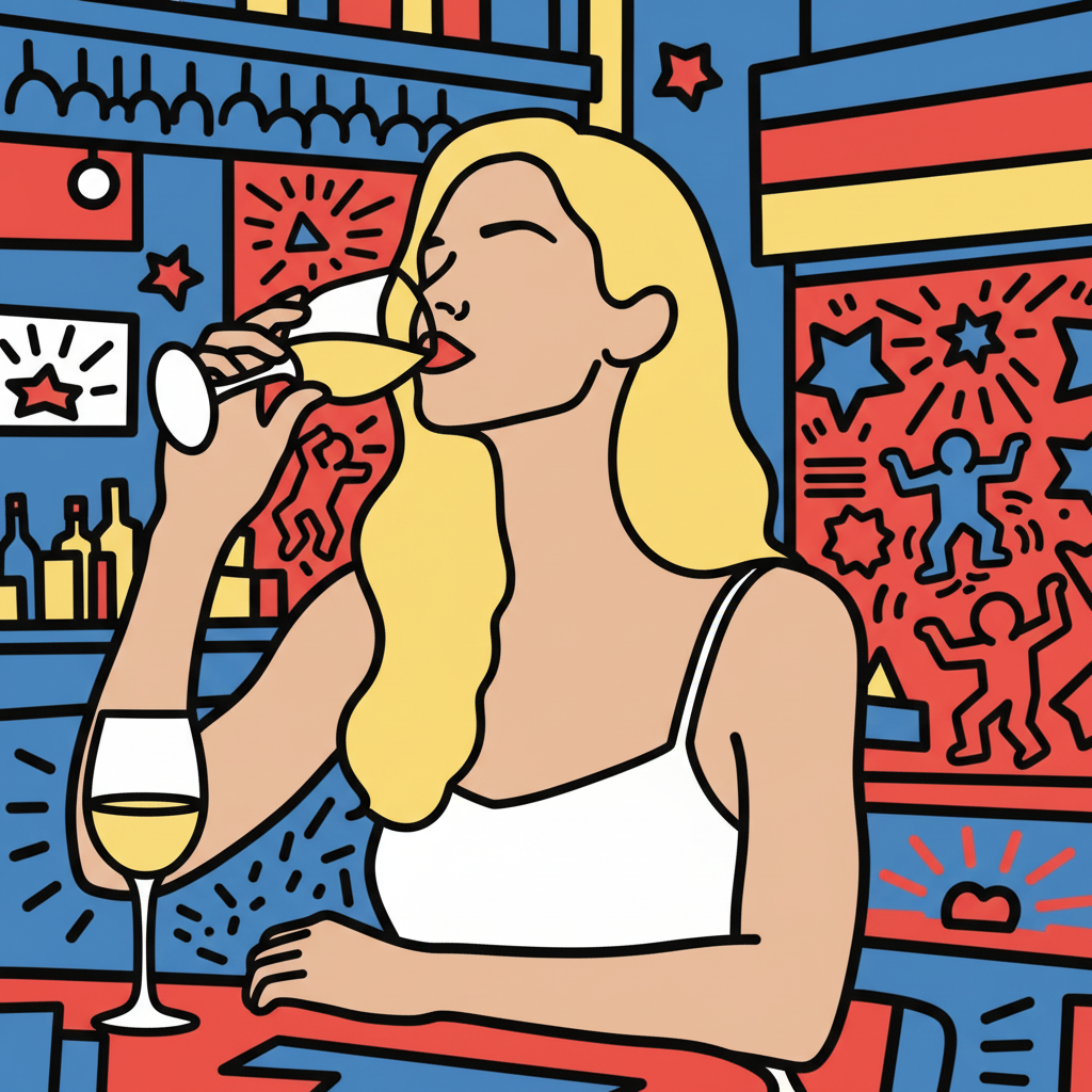 Keith-Haring-Pop-Art-Ein lebendiges, von Pop-Art inspiriertes Logo einer schicken Blondine, die in einer festlichen Barumgebung Champagner nippt.