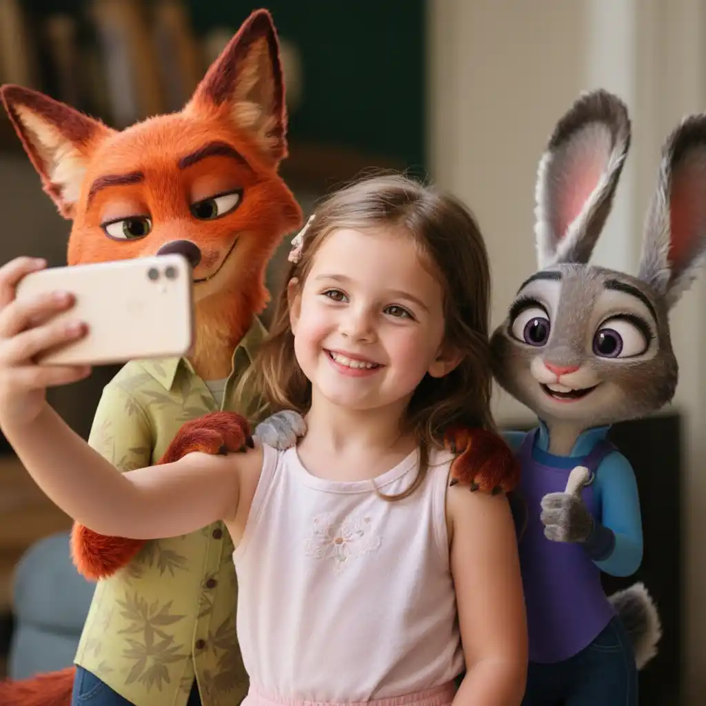 無料『ズートピア2』フィルター-女の子と2匹の動物の友達がセルフィーを撮っている、遊び心のある、家族向けブランドのための陽気な子供向けロゴ。