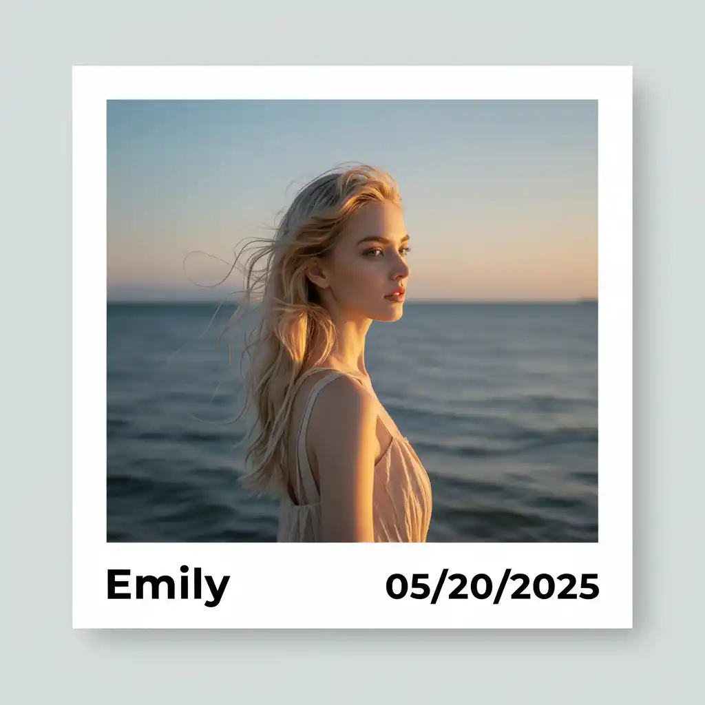 Add Name and Date to Photos-Minimalist Polaroid-inspired logo featuring a sunset portrait, bold bottom typography, and high-contrast black text on a white frame.