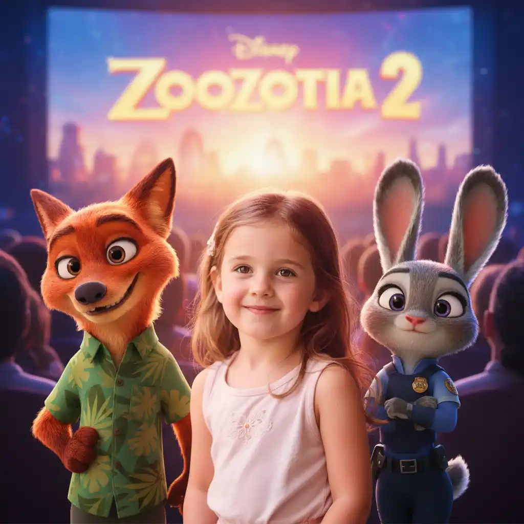 Free Zootopia 2 Filter-Vibrant Disney-style poster featuring a smiling girl flanked by Nick Wilde and Judy Hopps beneath a Zootopia 2 banner.