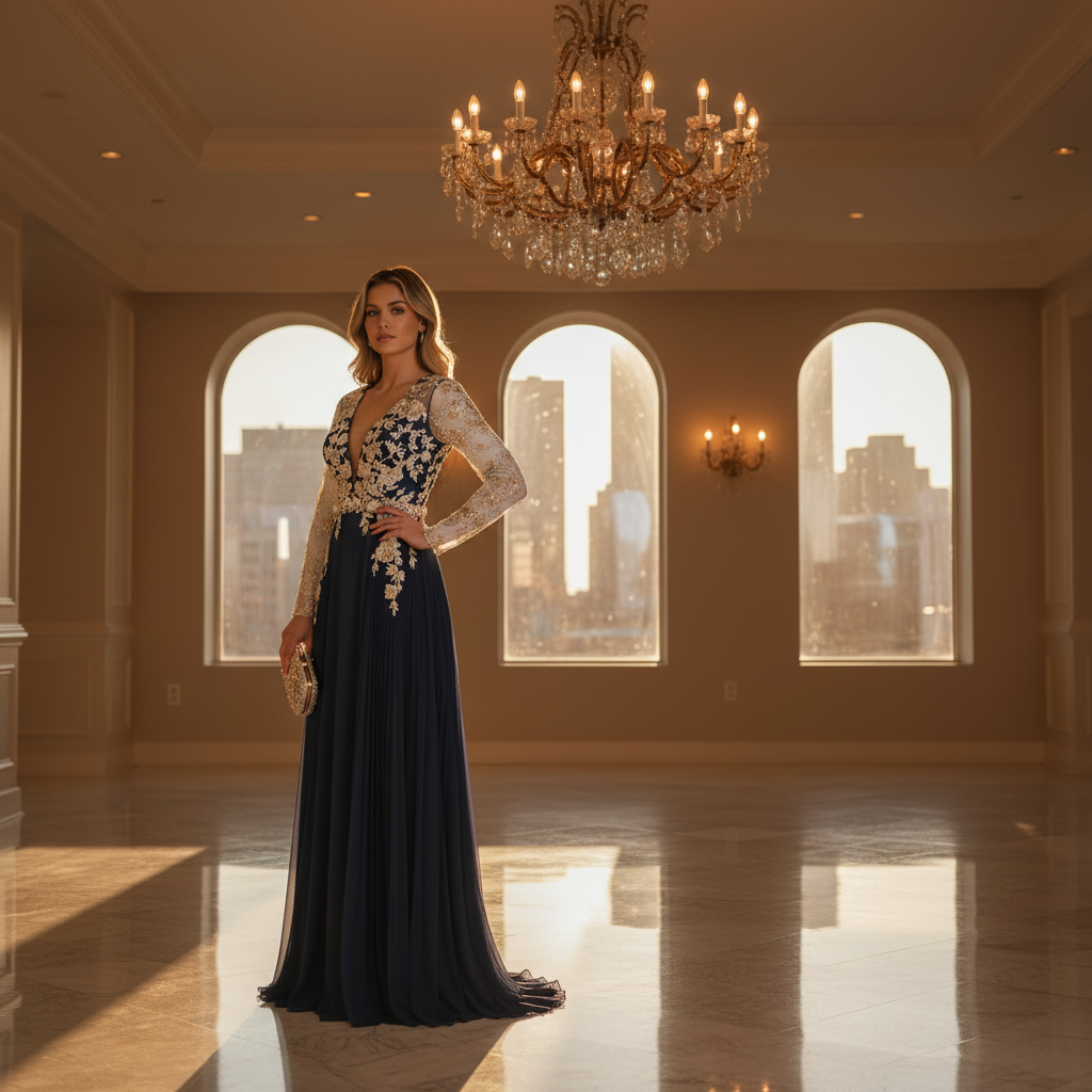 Clothing Virtual Try-A luxurious logo capturing a navy lace gown silhouette beneath a chandelier, framed by arched windows and warm golden light.