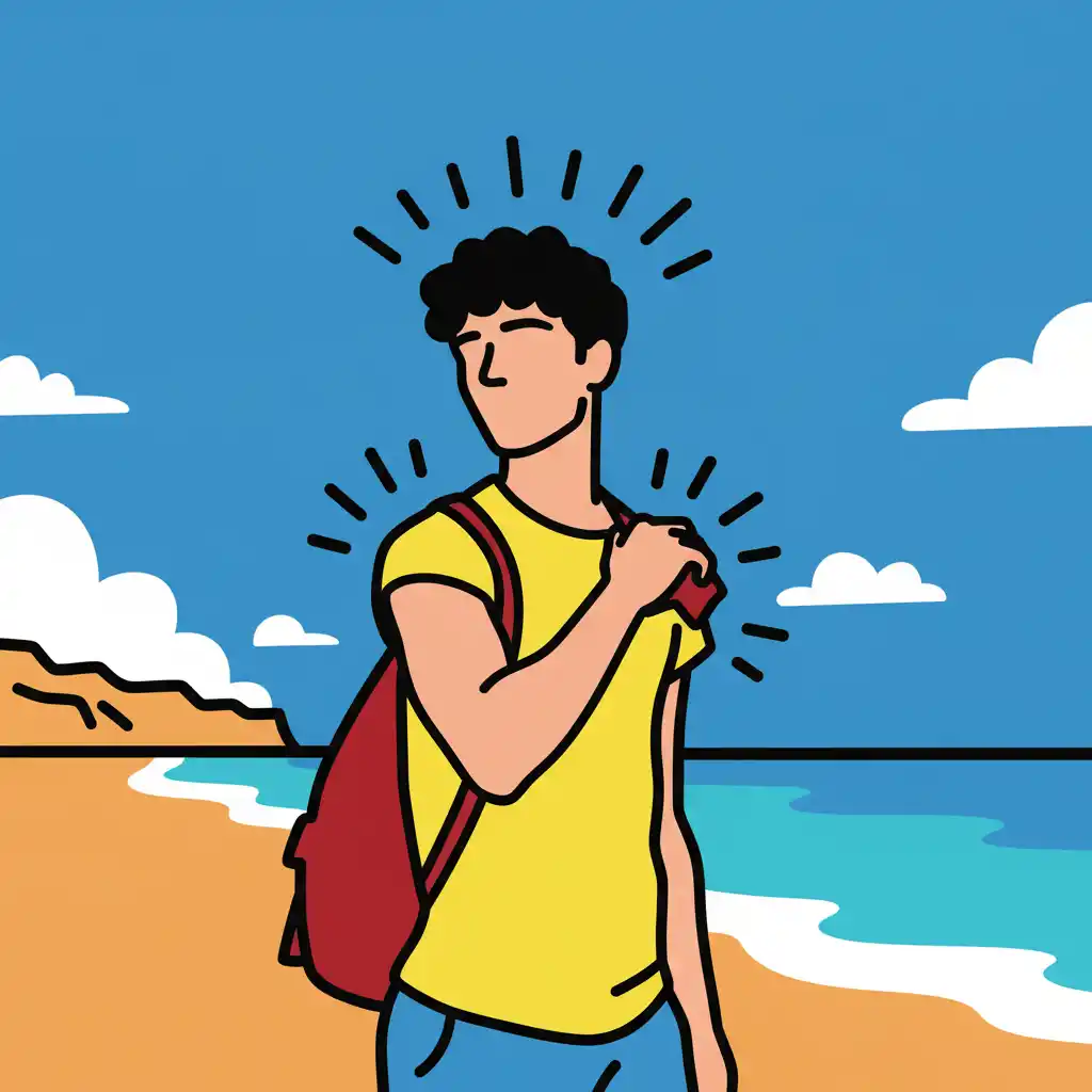 Keith Haring Pop Art-A bold, playful vector logo featuring a sunlit traveler with a yellow shirt and red backpack on a bright beach.