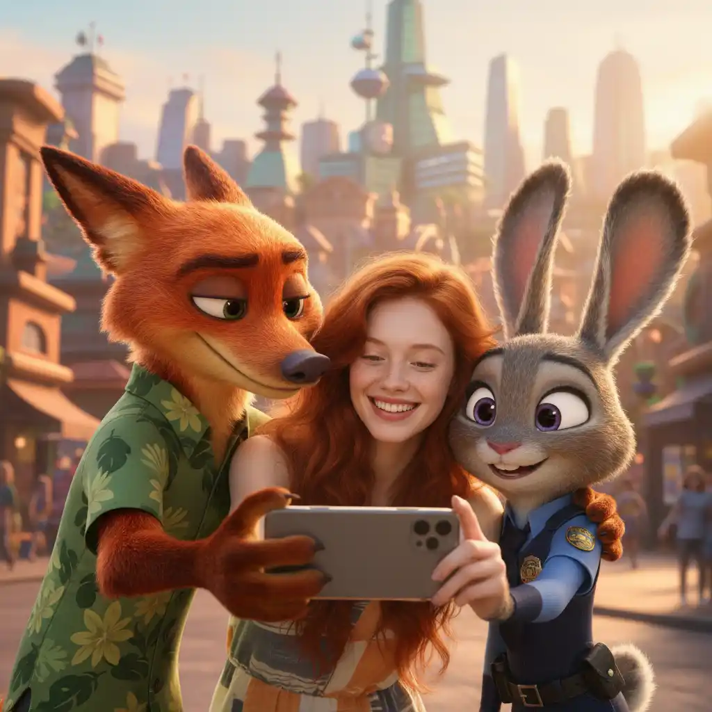 Free Zootopia 2 Filter-A friendly trio selfie emblem merging animal and human characters in a sunny metropolis for a welcoming brand identity
