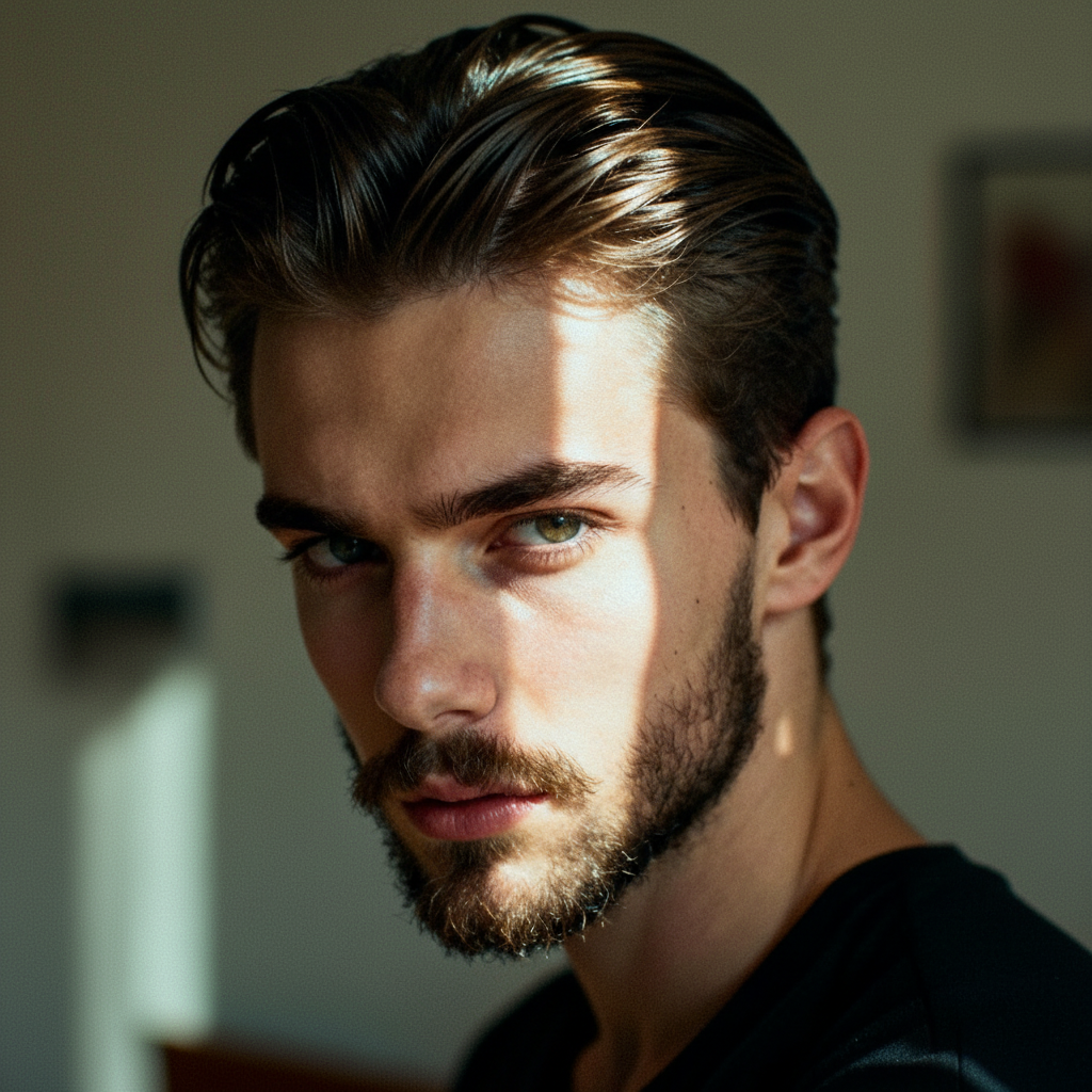 Lossless Resizing-A bold chiaroscuro-inspired logo capturing a sharp, confident masculine likeness for premium fashion branding and grooming