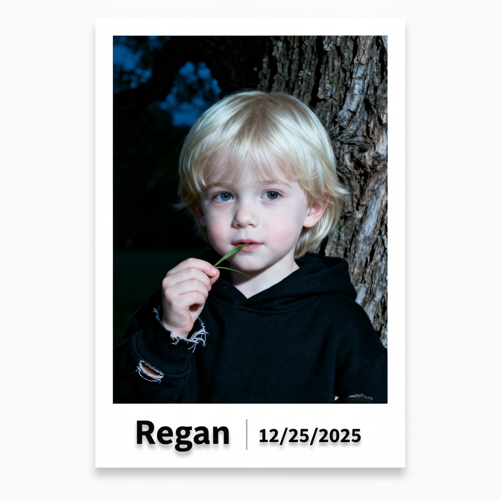 Añadir Nombre y Fecha a Fotos-Tarjeta de retrato enmarcado minimalista que presenta a un niño rubio junto a un árbol con tipografía en negrita y un diseño de fecha limpio.