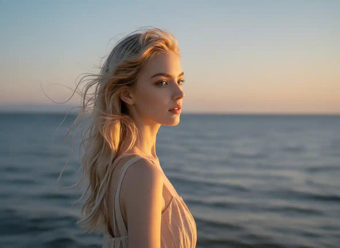 Lossless Resizing-A luxe feminine logo featuring a stylized profile with flowing hair against a sunset-sea gradient.