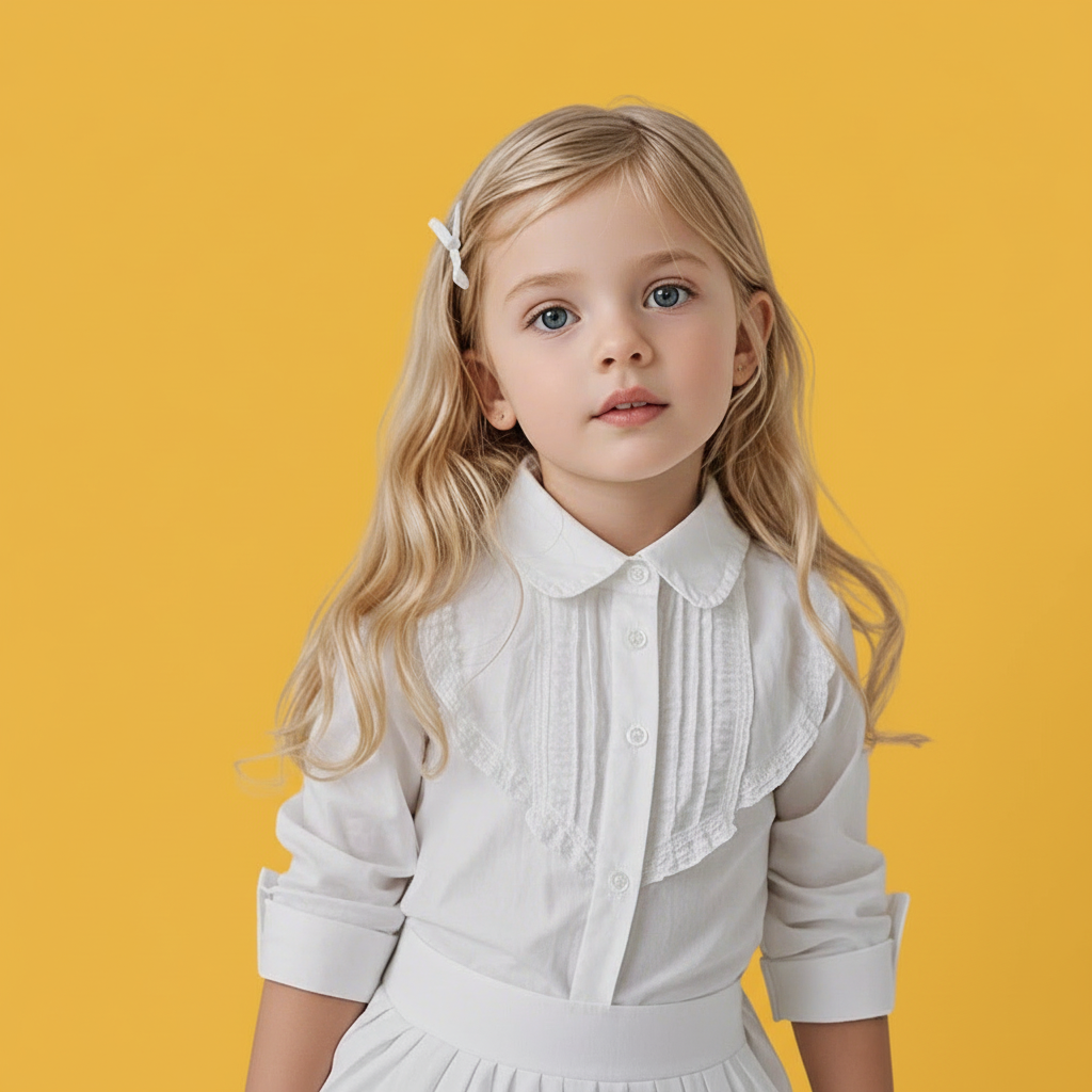 AI Change Color-Soft, friendly logo portrait of a blonde child in white against a warm mustard backdrop for branding
