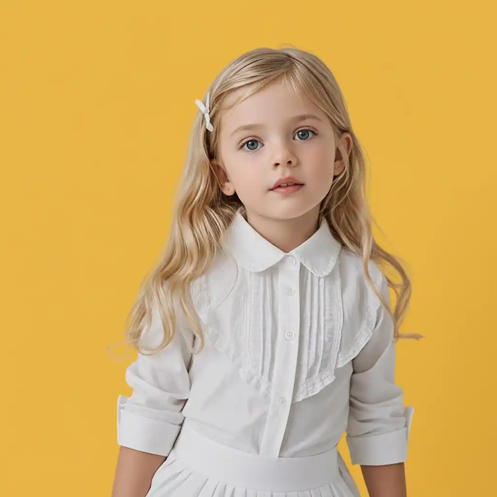AI Change Color-Soft, friendly logo portrait of a blonde child in white against a warm mustard backdrop for branding