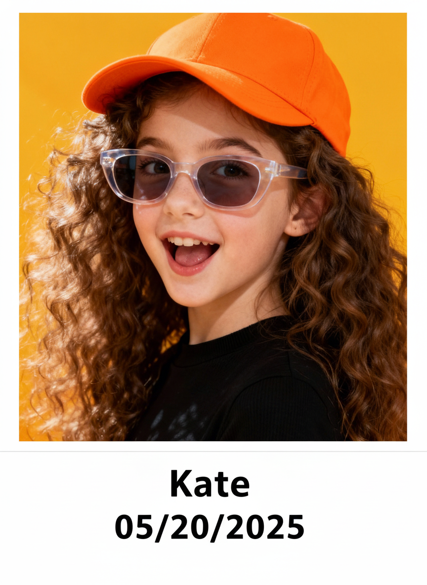 写真に名前と日付を追加-オレンジの帽子、半透明のサングラス、温かい黄色の背景を持つ、明るい子供のポートレートロゴ。若者向けブランド向け。