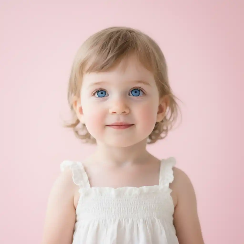 AI Change Color-Pastel pink logo portrait of a blue-eyed toddler in a white dress, radiating warmth, innocence, and friendly brand appeal