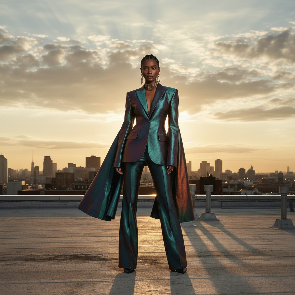 Model Replacement-Bold iridescent cape suit silhouette for a premium fashion brand, radiating power, elegance, and futuristic luxury.