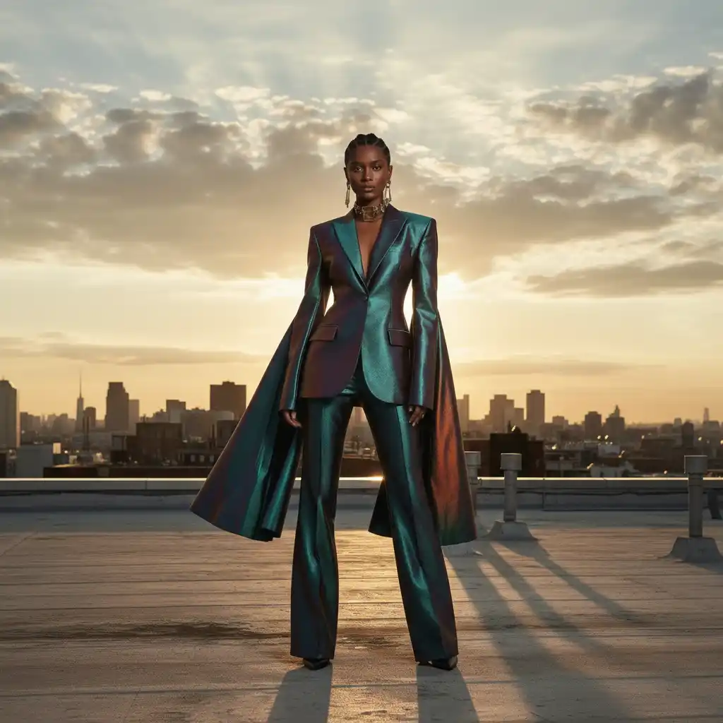 Model Replacement-Bold iridescent cape suit silhouette for a premium fashion brand, radiating power, elegance, and futuristic luxury.