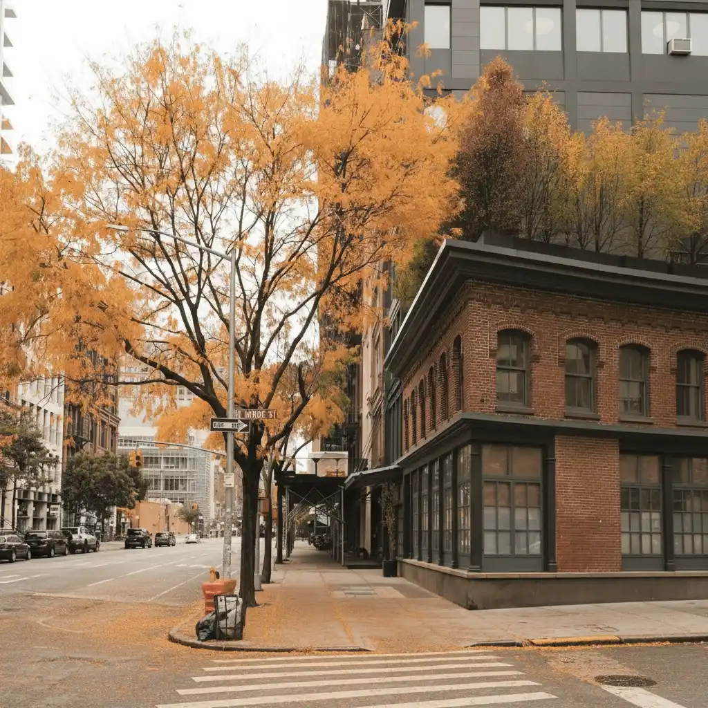 AI Person Remover-Autumn Corner: A modern city-inspired logo blending brick textures and stylized orange tree forms into a warm, inviting urban mark.