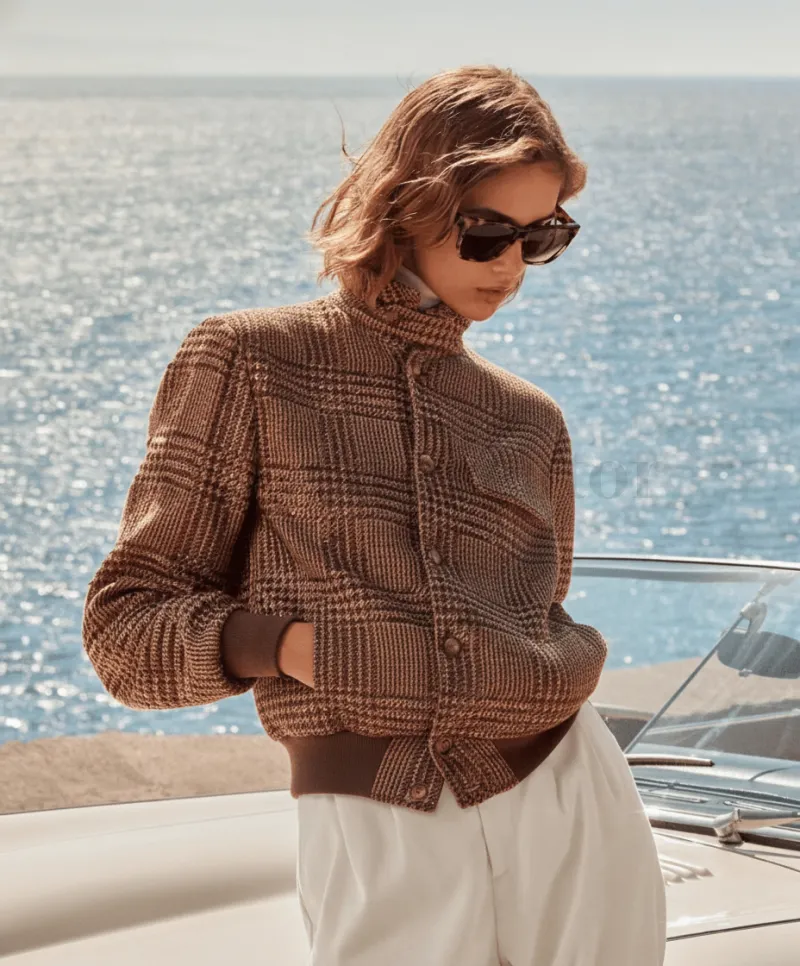 AI Person Remover-A warm brown plaid badge logo blending vintage textile texture with modern elegance for luxury fashion branding.