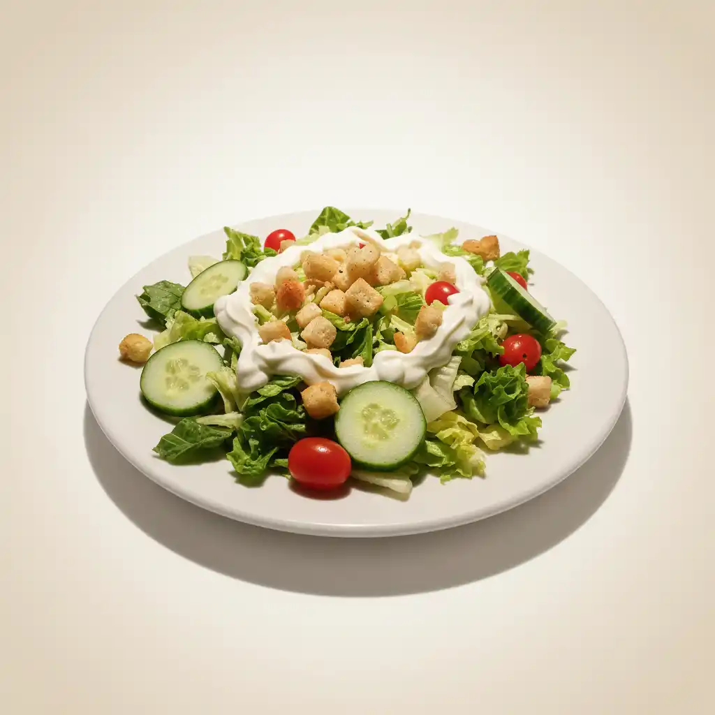 Food Photography Display-A photorealistic salad emblem on a white plate with greens, cucumber, tomatoes, croutons, and a creamy swirl.