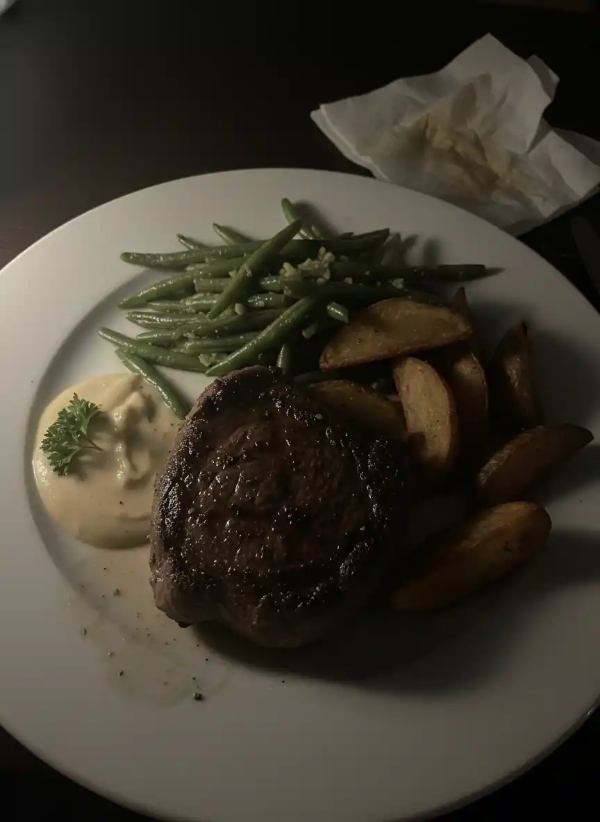 Elegant Steak Plate Logo: A Modern Rustic-Chic Concept Showcasing Prime Beef, Green Beans, and Roasted Potatoes.