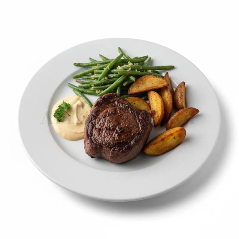 Food Photography Display-Elegant Steak Plate Logo: A Modern Rustic-Chic Concept Showcasing Prime Beef, Green Beans, and Roasted Potatoes.