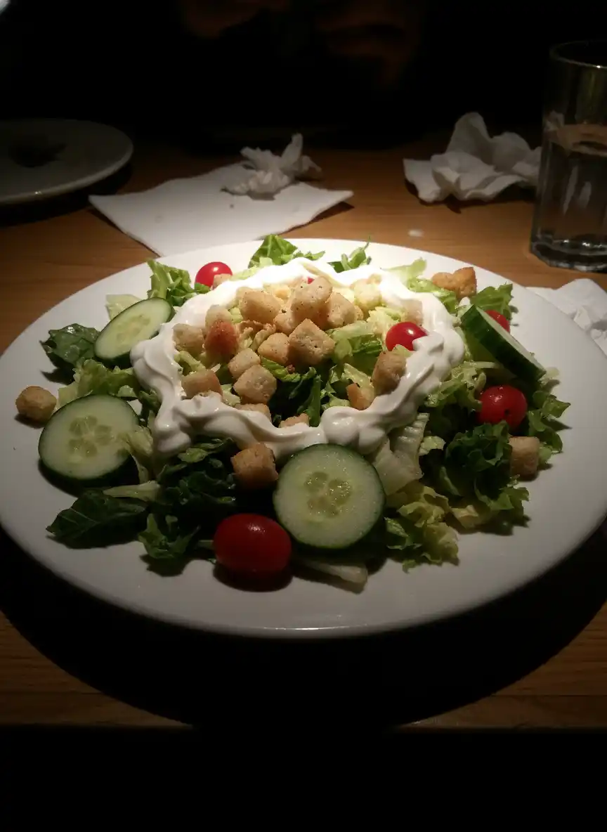 A photorealistic salad emblem on a white plate with greens, cucumber, tomatoes, croutons, and a creamy swirl.