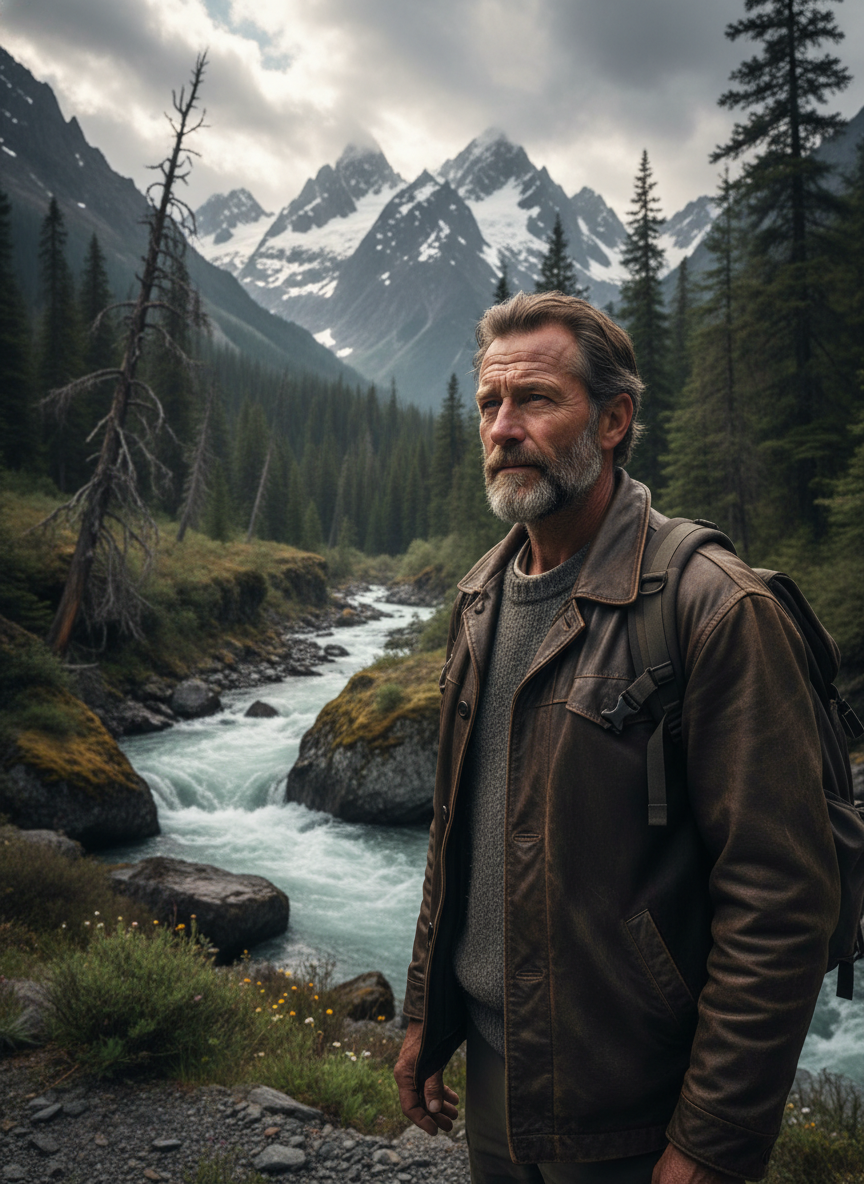 Timeless rugged elegance blending mountains, nature, and refined menswear symbolism for premium outdoor lifestyle brands.