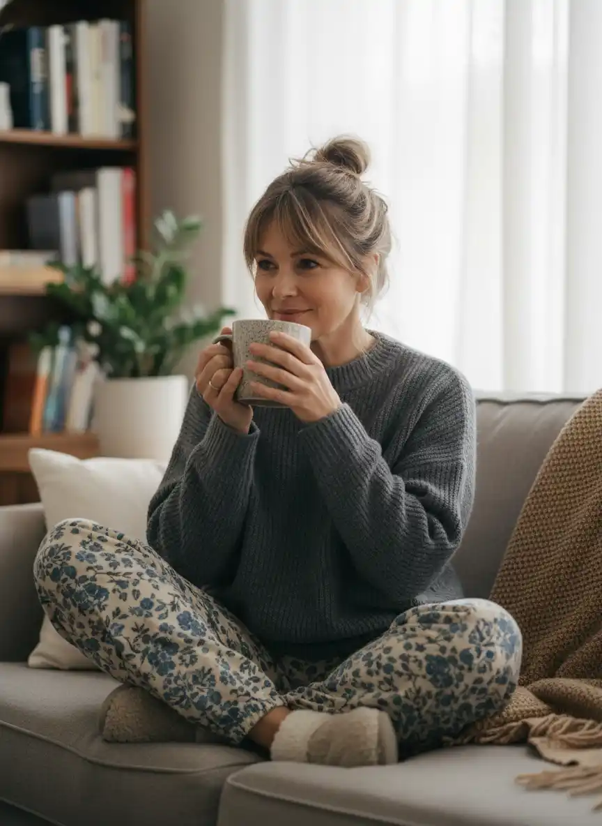 自信に満ちた女性の姿を大胆な緑と青で描き、都市のスカイラインを背景にした、モダンでファッション先進的なロゴ。