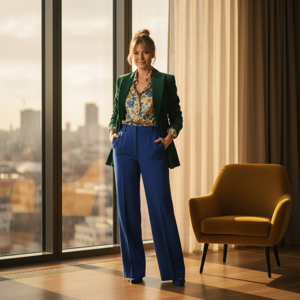 Personal Art Photo-A modern, fashion-forward logo featuring a confident female figure in bold green and blue, set against an urban skyline.