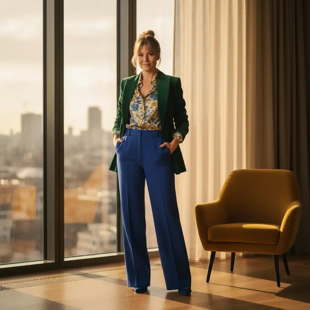 自信に満ちた女性の姿を大胆な緑と青で描き、都市のスカイラインを背景にした、モダンでファッション先進的なロゴ。