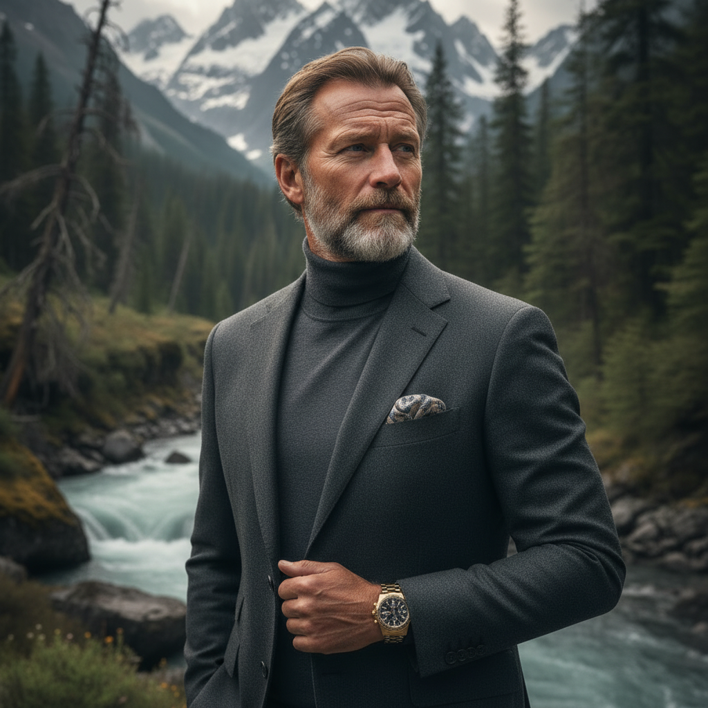 Personal Art Photo-Timeless rugged elegance blending mountains, nature, and refined menswear symbolism for premium outdoor lifestyle brands.