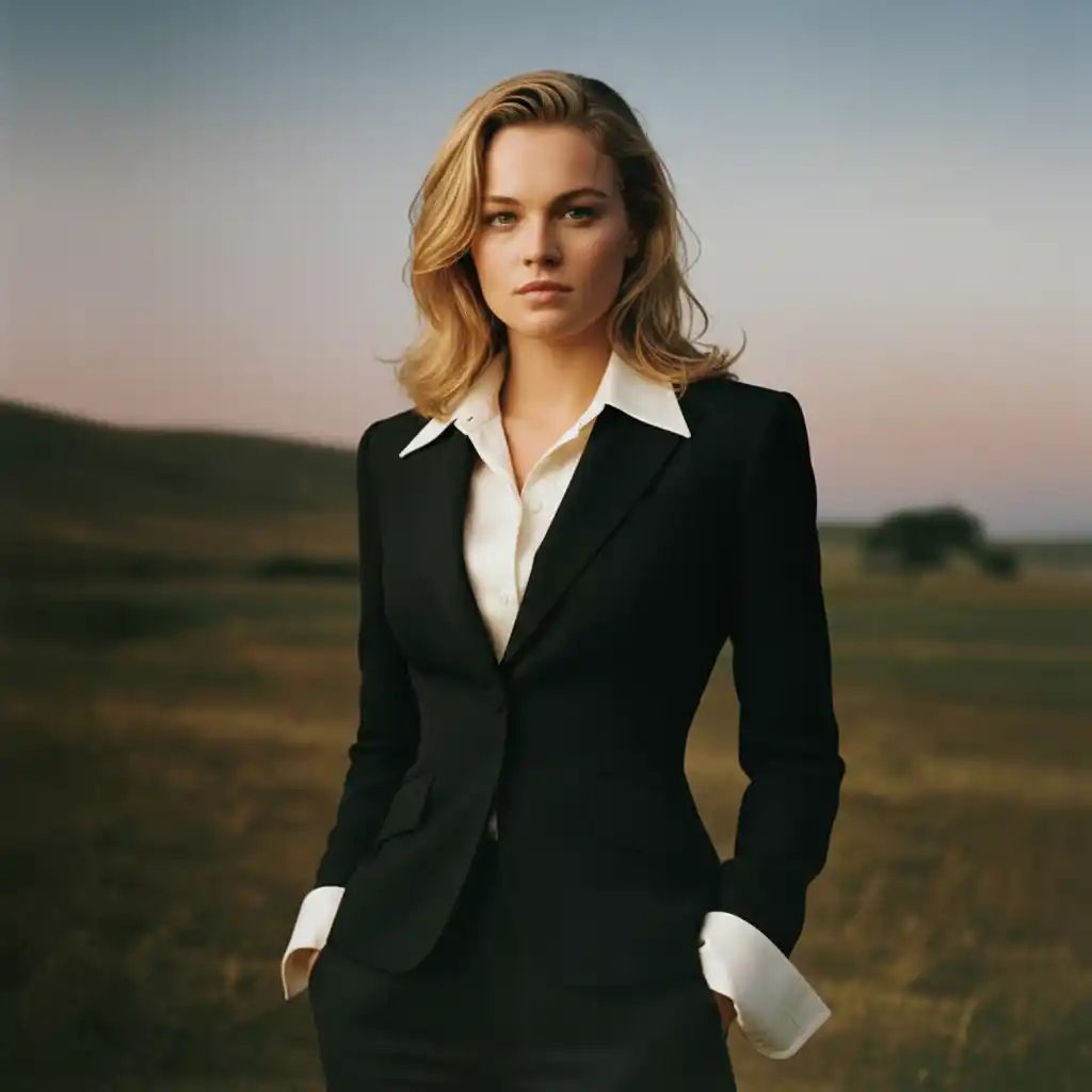 Celebrity Gender Swap-A refined corporate emblem embodying confidence and sophistication through a sharp blazer silhouette and crisp white collar.