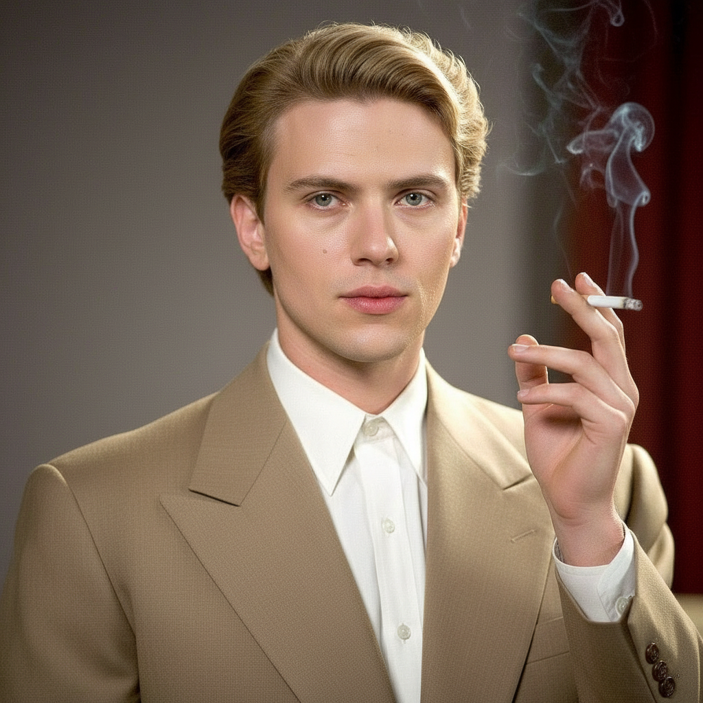 Celebrity Gender Swap-Timeless Beige Portrait Logo: A Vintage Studio-Inspired Icon of Sophistication, Confidence, and Subtle Smoke for Premium Fashion Branding.