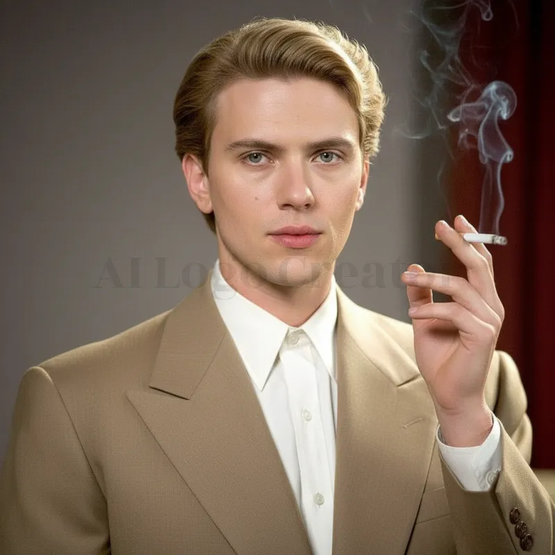 สลับเพศบุคคลมีชื่อเสียง-โลโก้ภาพบุคคลสีเบจอมเทาเหนือกาลเวลา: ไอคอนที่ได้รับแรงบันดาลใจจากสตูดิโอวินเทจ แสดงถึงความหรูหรา ความมั่นใจ และควันบางๆ สำหรับการสร้างแบรนด์แฟชั่นระดับพรีเมียม