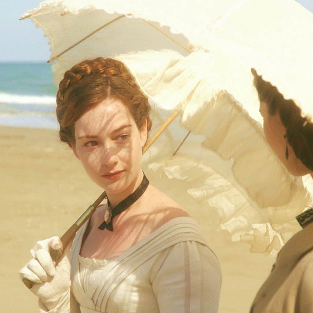 AI画像シャープナー-女性、パラソル、柔らかくクリーミーな海辺のパレットを特徴とする、高級ブランディングのための時代を超えたエドワーディアンビーチポートレートロゴ