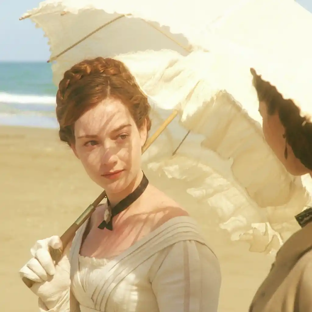 AI Image Sharpener-Timeless Edwardian Beach Portrait Logo with a Woman, Parasol, and Soft Creamy Seaside Palette for Luxury Branding