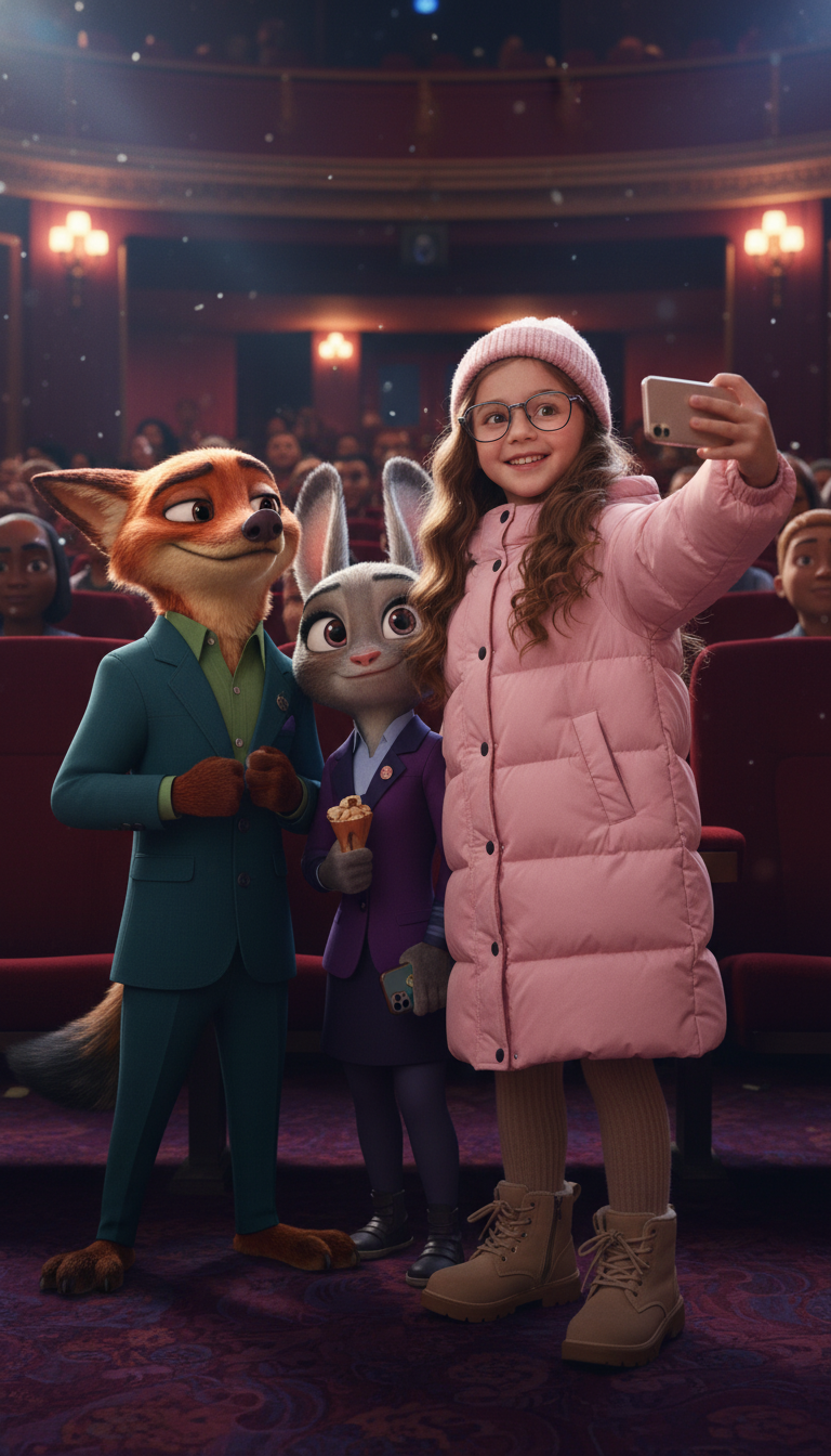 無料『ズートピア2』フィルター-フレンドリーな映画館トリオロゴ：スタイリッシュな映画館の設定で、キツネ、ウサギ、少女が歓迎的なブランドアイデンティティを形成している。