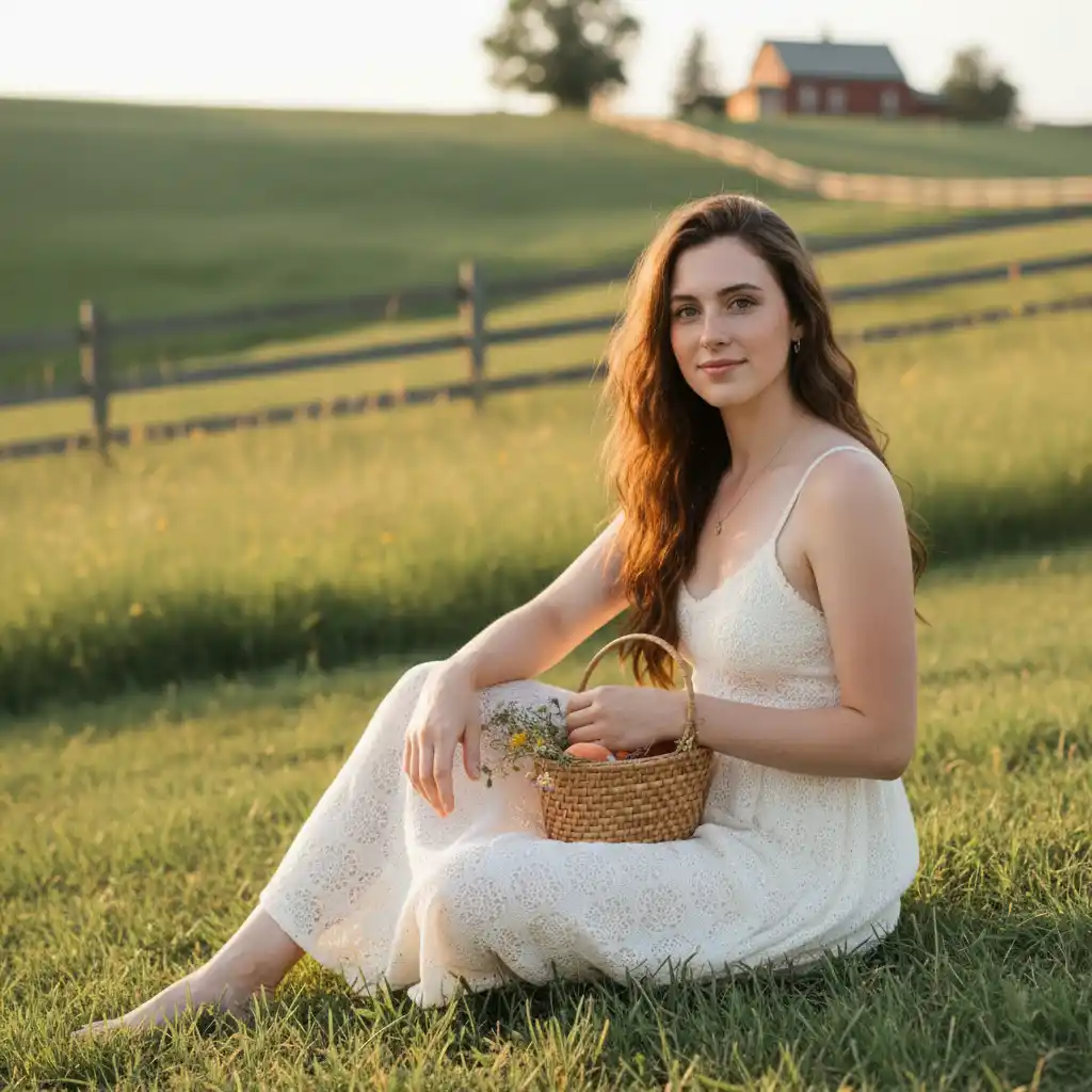 Pastoral Meadow Portrait Logo: serene woman in white lace with wildflower basket under golden-hour light for warm brand storytelling.
