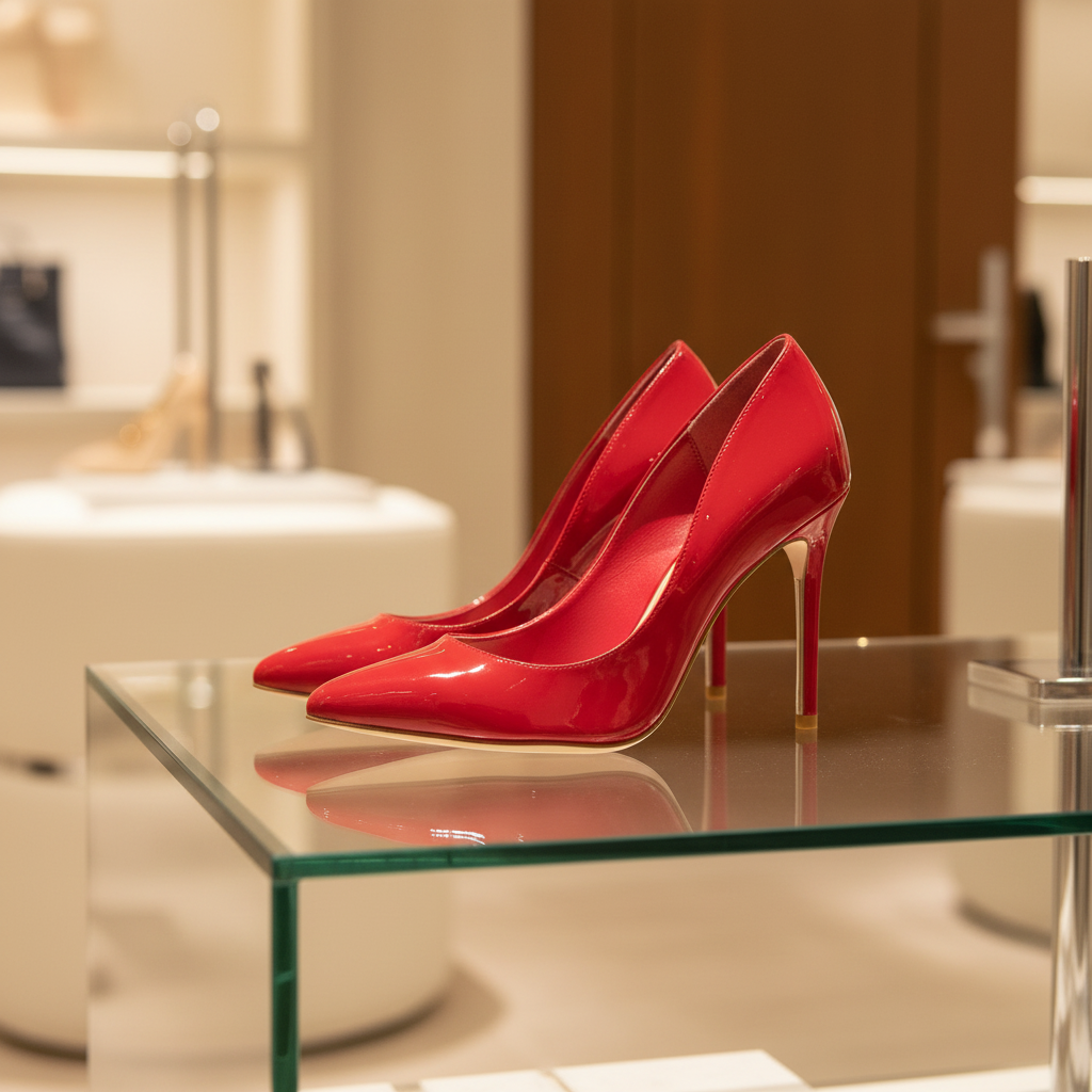 แสดงสินค้าแบบ 360 องศา-ภาพเงารองเท้าส้นเข็มสีแดงที่สง่างาม สร้างเป็นโลโก้พรีเมียมสำหรับรองเท้าหรูหราและโซลูชันการสร้างแบรนด์บูติก