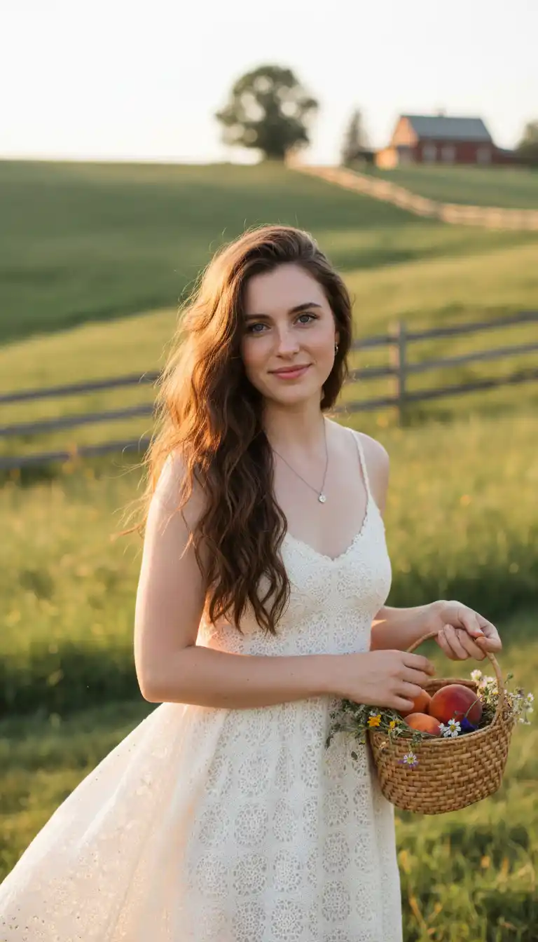 Pastoral Meadow Portrait Logo: serene woman in white lace with wildflower basket under golden-hour light for warm brand storytelling.