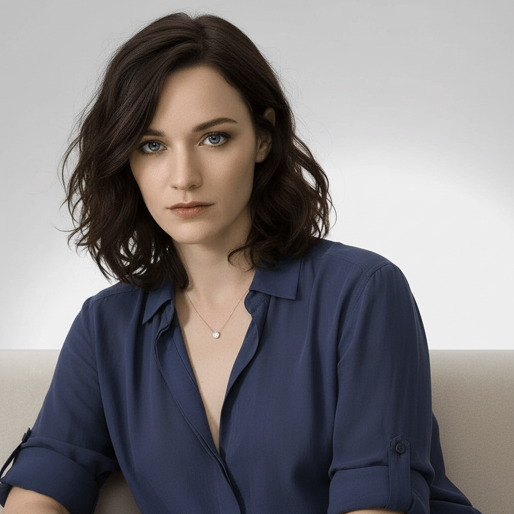 Celebrity Gender Swap-Elegant branding portrait in navy tones for a modern, confident, approachable professional identity for executive brands and premium services.