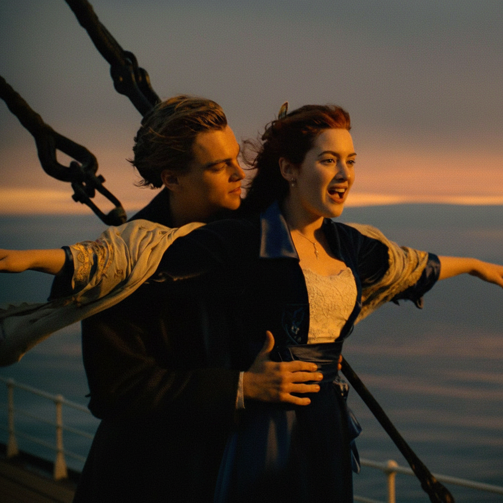 AI Image Sharpener-Romantic Nautical Emblem: A couple on a ship's bow, arms outstretched, basking in a glowing sunset over the sea.