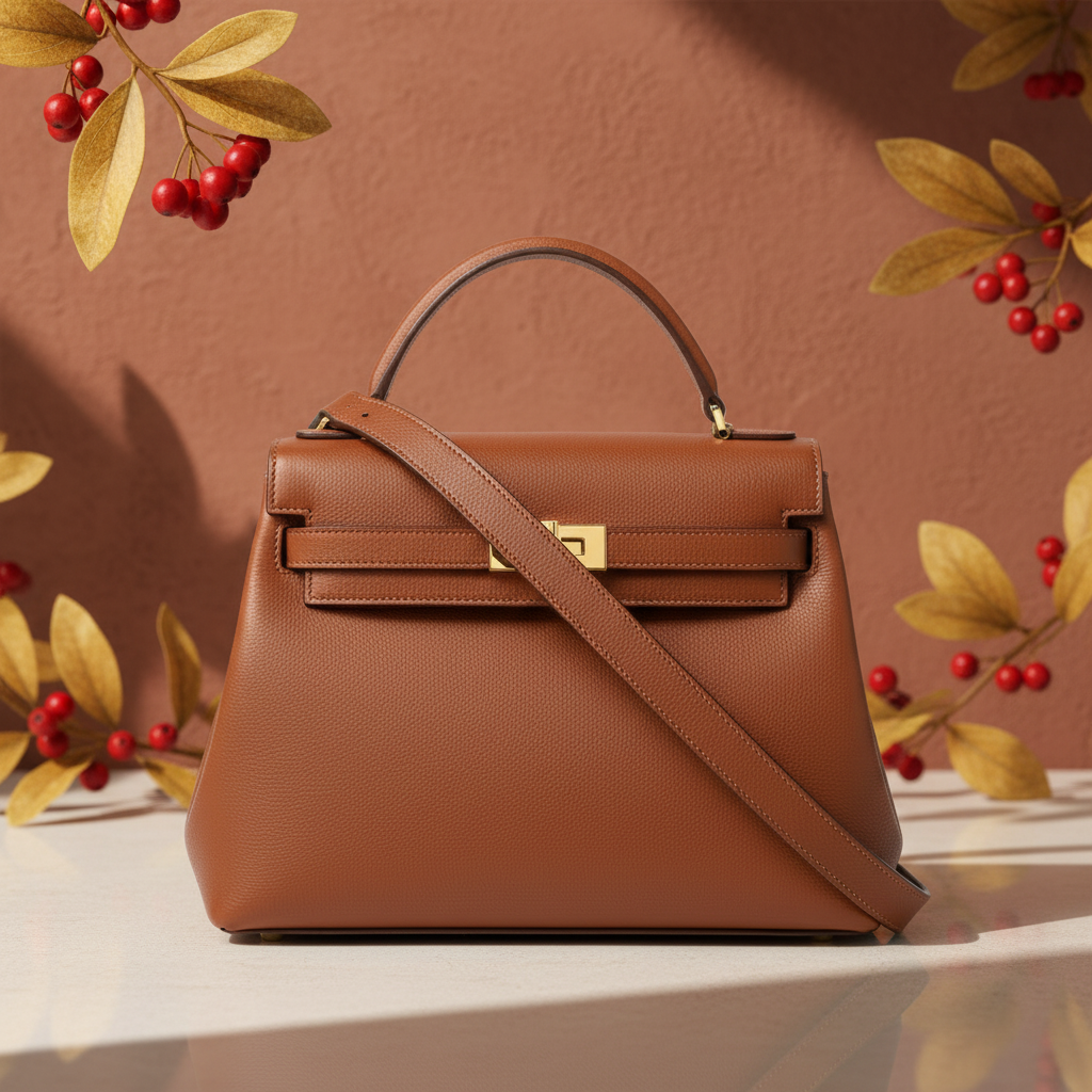 Al Background Generator-Timeless Chestnut Satchel: A premium leather logo inspired by classic structured handbags with gold hardware.