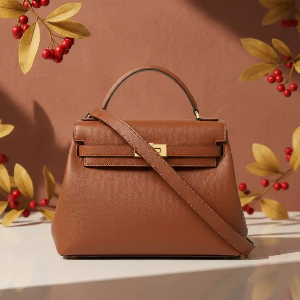 Timeless Chestnut Satchel: A premium leather logo inspired by classic structured handbags with gold hardware.