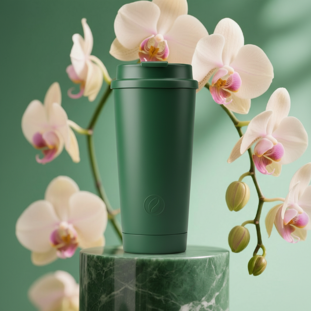 Al Background Generator-A premium eco-friendly tumbler logo in forest greens, paired with orchid-inspired elegance and a subtle embossed emblem.