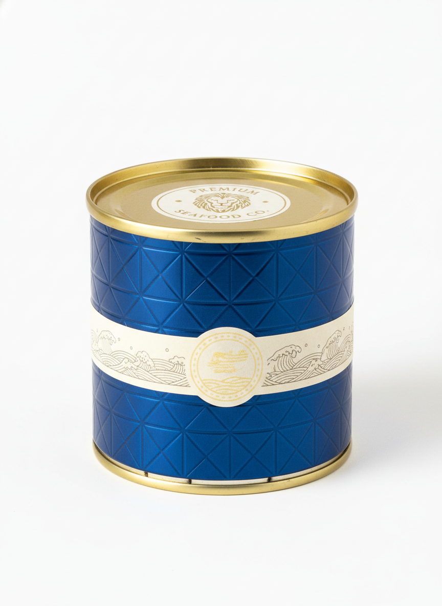 ダイヤモンドパターンとゴールドメダリオンバンドが施されたラックスクラフトのブルー缶デュオ、夢のような風景を背景に高級ブランドの威信を放つ