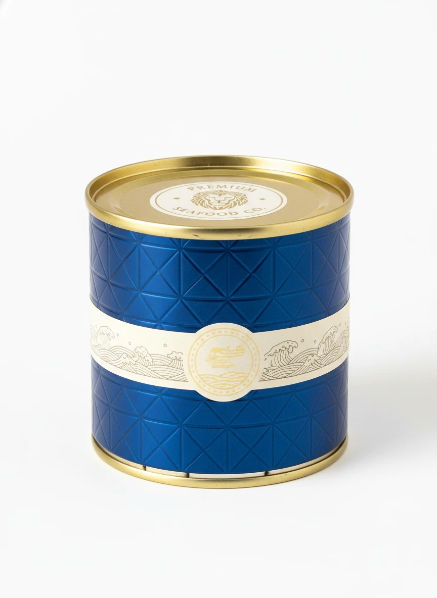 ダイヤモンドパターンとゴールドメダリオンバンドが施されたラックスクラフトのブルー缶デュオ、夢のような風景を背景に高級ブランドの威信を放つ