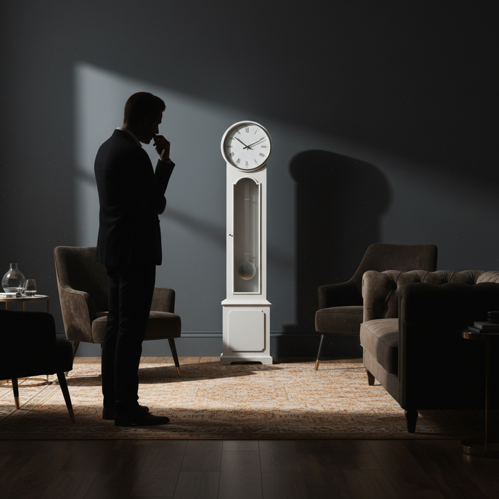 Produkt-Halteshot-Elegantes Standuhremblem für eine anspruchsvolle Zeitmanagement-Marke mit kinematografischer Innenraumstimmung und Silhouettenporträt