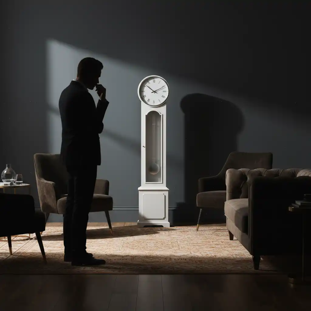 Product Hold Shoot-Elegant Grandfather Clock Emblem for a Sophisticated Time-Management Brand with Cinematic Interior Mood and Silhouette Portrait