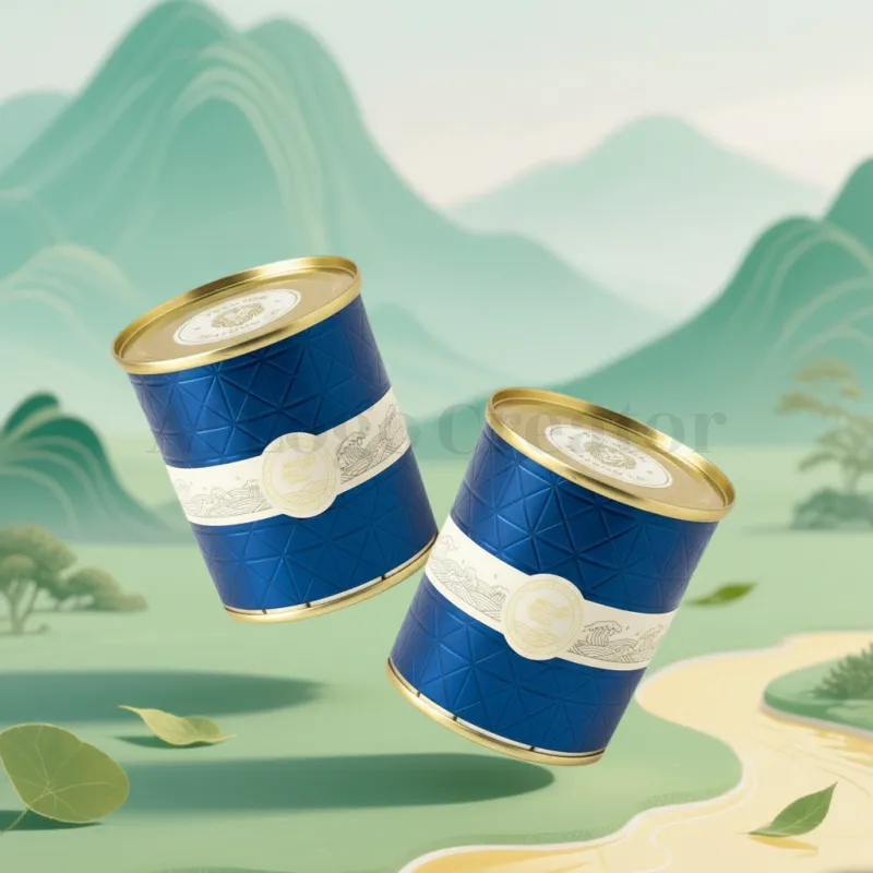 Al Background Generator-Lux-Crafted Blue Can Duo with Diamond Pattern and Gold Medallion Band Against Dreamy Landscape, Exuding Premium Brand Prestige