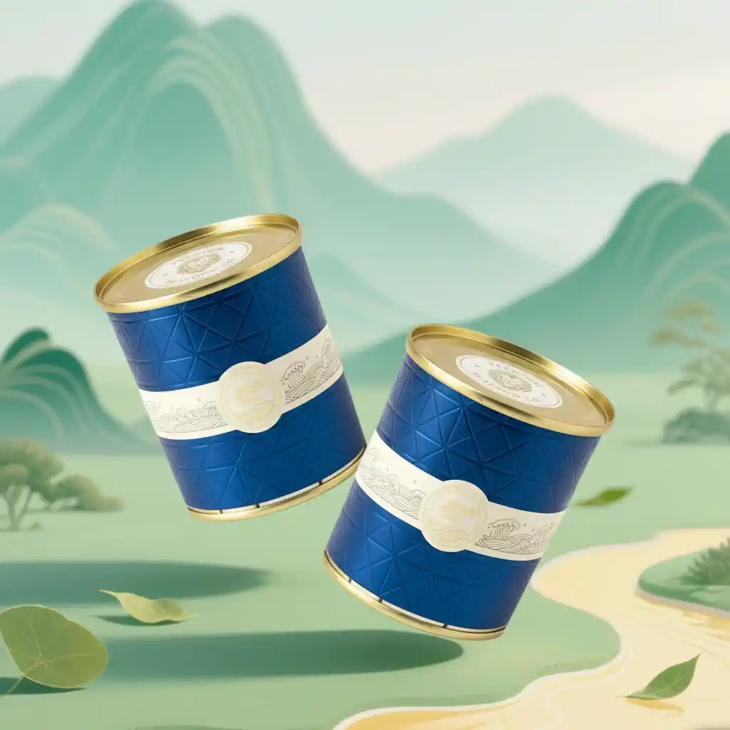 Lux-Crafted Blue Can Duo with Diamond Pattern and Gold Medallion Band Against Dreamy Landscape, Exuding Premium Brand Prestige