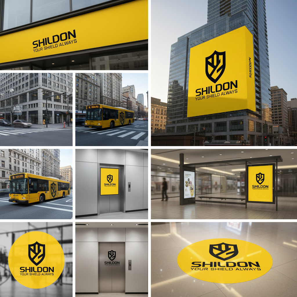 Außenwerbe-Design-Bold yellow shield crest with a geometric black emblem above the SHILDON wordmark for Your Shield Always.