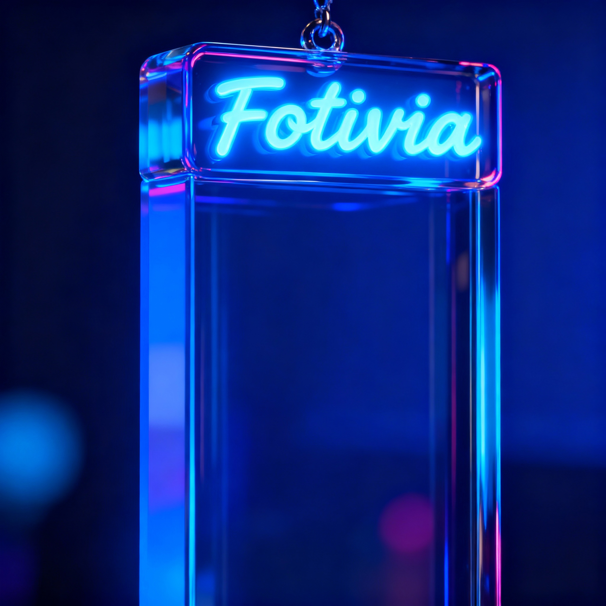 Trendiges Kartendesign mit Glasoptik-A futuristic neon script logo perched on a glowing glass prism, blending cyan light, reflective glass, and modern digital aesthetics.