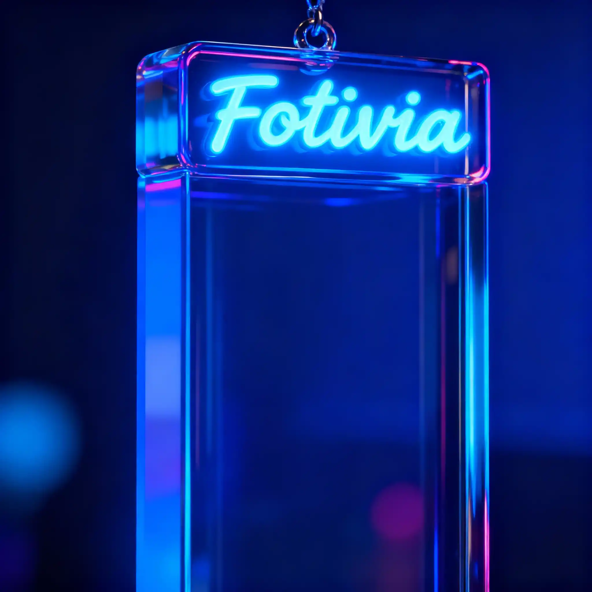 Trending Glass Texture Card Design-A futuristic neon script logo perched on a glowing glass prism, blending cyan light, reflective glass, and modern digital aesthetics.